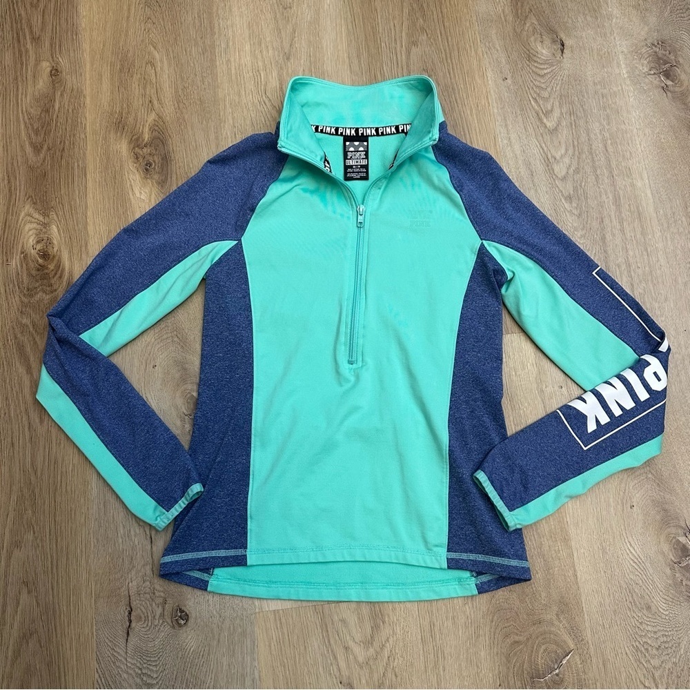 PINK Victoria Secret Mint Green and Blue Quarter-Zip Pullover